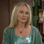 Sharon’s mint sequin cami and green cardigan on The Young and the Restless