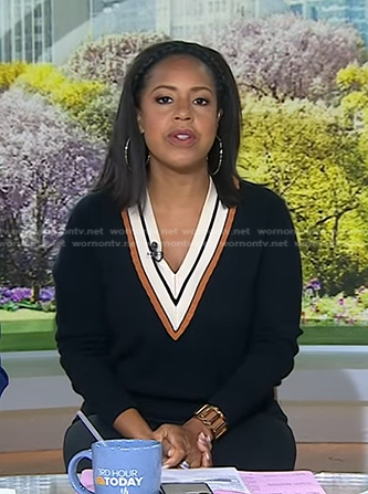 Sheinelle’s black v-neck varsity sweater on Today