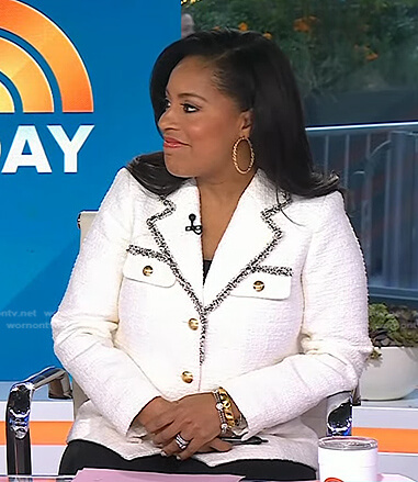 Sheinelle’s white contrast trim tweed blazer on Today
