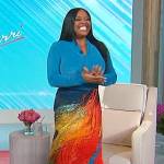 Sherri’s blue velvet top and abstract print skirt on Sherri