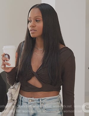 Simone’s brown twisted cutout top on All American Homecoming