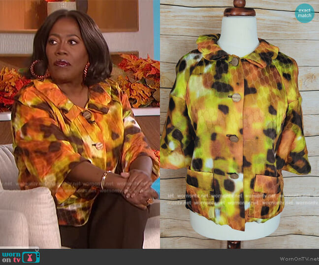 St. John Tie Dye Ruffle Collar Jacket worn by Sheryl Underwood on The Talk