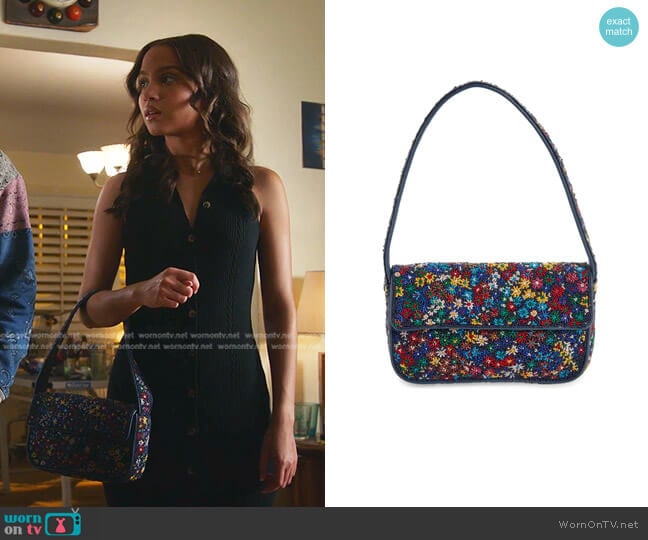 Staud Tommy Beaded Shoulder Bag in Rainbow Flower Market worn by May Grant (Corinne Massiah) on 9-1-1