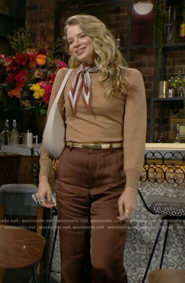 Summer’s beige sweater with scarf tie neck on The Young and the Restless