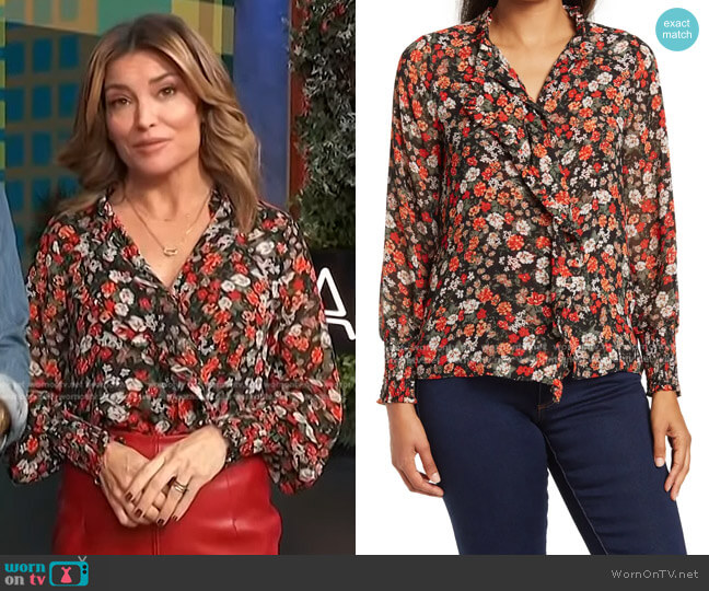 T Tahari Misa Long Sleeve Ruffle Top worn by Kit Hoover on Access Hollywood