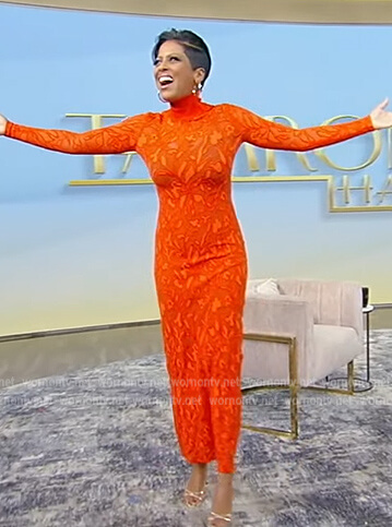 Tamron’s red floral lace dress on Tamron Hall Show