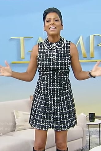 Tamron’s black check tweed mini dress on Tamron Hall Show