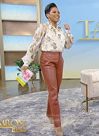 Tamron’s floral print blouse and leather pants on Tamron Hall Show