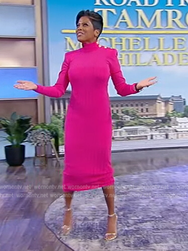 Tamron’s pink button shoulder dress on Tamron Hall Show