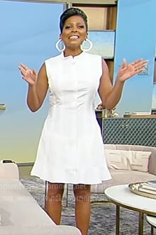 Tamron’s white sleeveless poplin dress on Tamron Hall Show