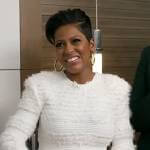 Tamron’s white tweed mini dress on Tamron Hall Show