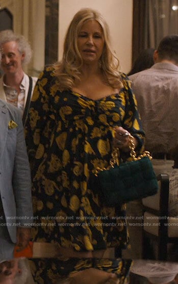 Tanya’s black and yellow printed mini dress on The White Lotus