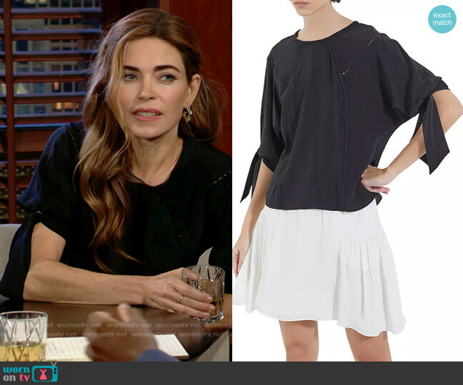 The Kooples Vintage Lace Tie Sleeve Silk Top worn by Victoria Newman (Amelia Heinle) on The Young and the Restless