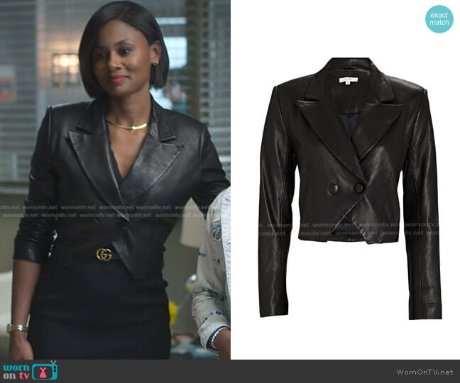 The Sei Cropped Double-Breasted Leather Blazer worn by Jax Stewart (Emayatzy Corinealdi) on Reasonable Doubt