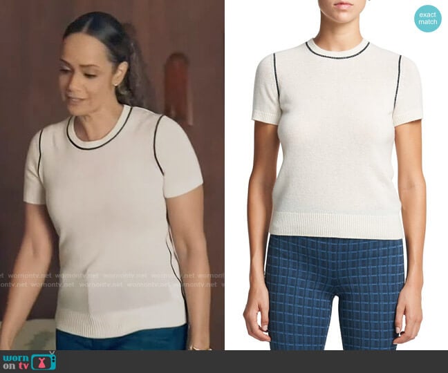 Theory Contrast-Trim Cashmere T-Shirt worn by Billie (Tammy Townsend) on Queen Sugar