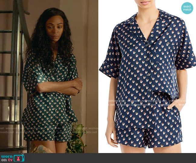 Theory Ralfinn Ikat Print Camp Shirt worn by Amy Wheeler (Zoe Saldana) on From Scratch