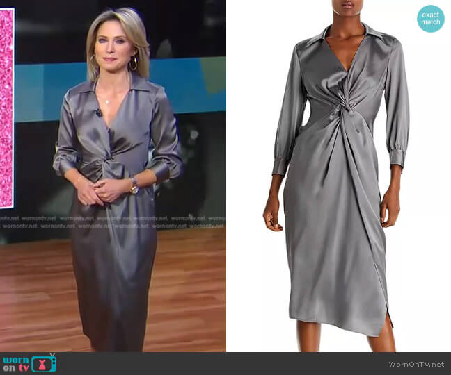 Theory Twist Front Midi Dress in Elm worn by Amy Robach on Good Morning America