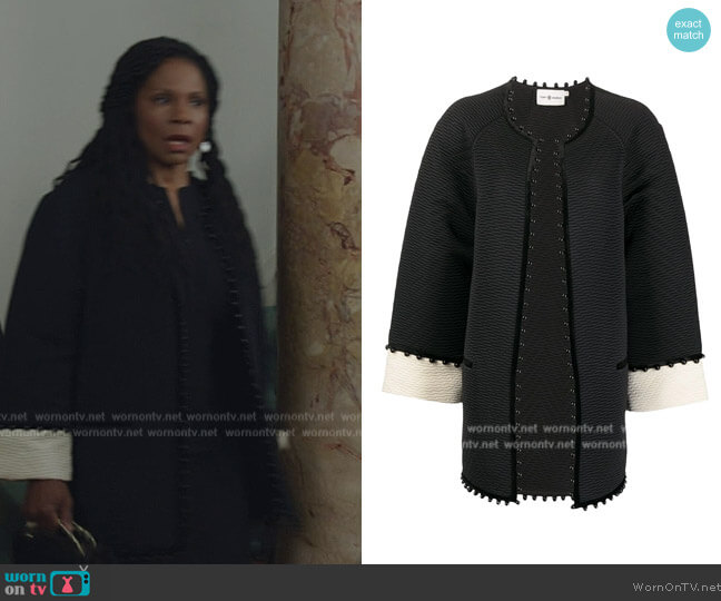 Tory Burch Beaded chevron-jacquard coat worn by Liz Reddick-Lawrence (Audra McDonald) on The Good Fight