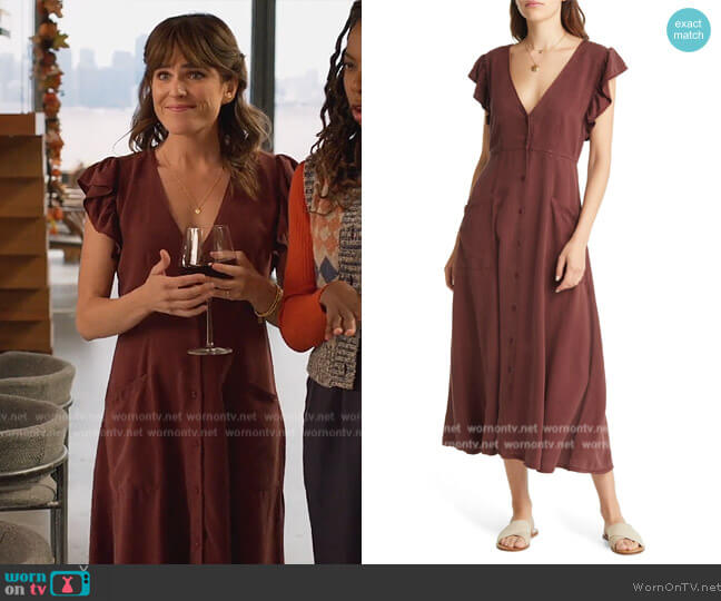 Treasure and Bond Ruffle V-neck Midi Dress worn by Marina (Karla Souza) on Home Economics