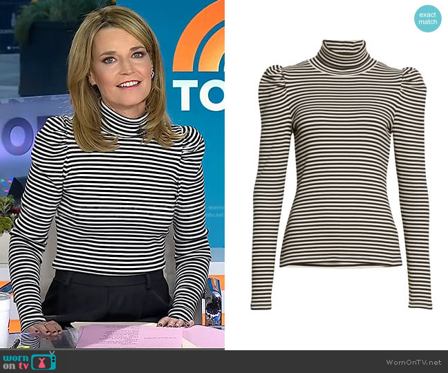 Veronica Beard Cedar Stripe Puff Sleeve Turtleneck Rib Top worn by Savannah Guthrie on Today
