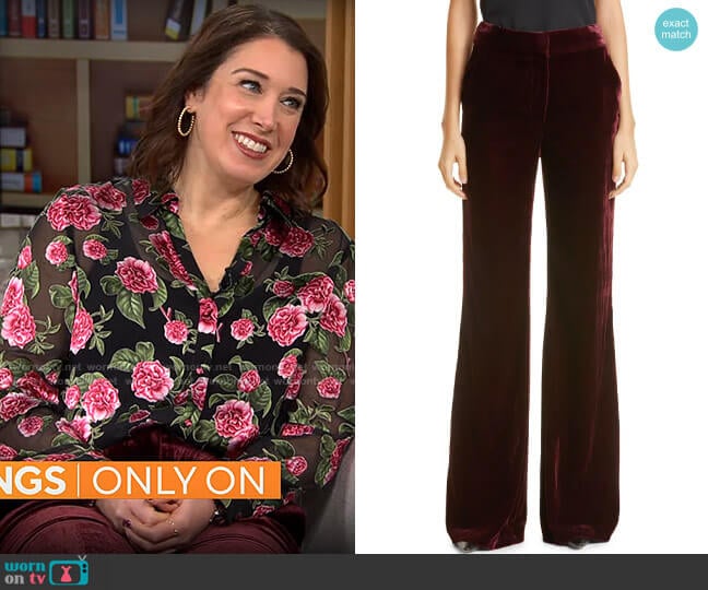 Veronica Beard Lebone Velvet Trousers in Merlot worn by Sarah Gelman on CBS Mornings