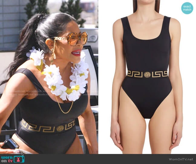 Versace La Greca Waistband One-Piece Swimsuit worn by Jen Shah on The Real Housewives of Salt Lake City