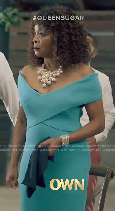 Violet’s turquoise blue off-shoulder dress on Queen Sugar