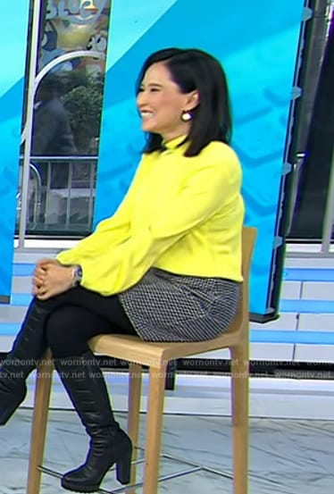 Vicky’s yellow top and houndstooth skirt on Today