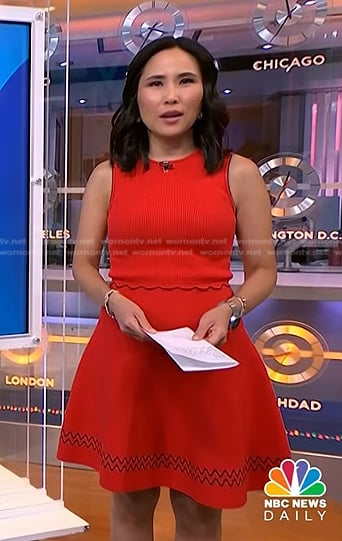 Vicky’s red ribbed scalloped dress on NBC News Daily
