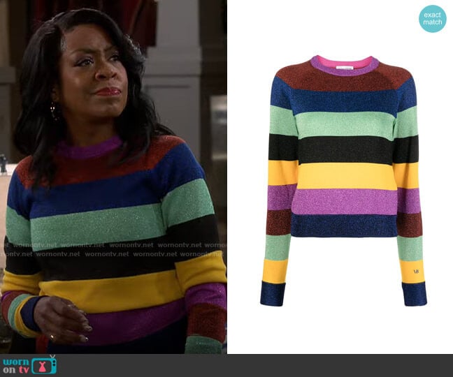 Victoria Beckham Striped metallic sweater worn by Tina Butler (Tichina Arnold) on The Neighborhood