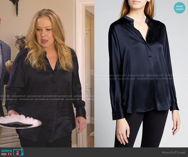 Vince Band Collar Silk Blouse worn by Jen Harding (Christina Applegate) on Dead to Me