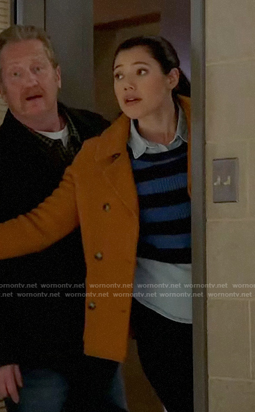 Violet’s blue striped layered sweater and yellow coat on Chicago Fire