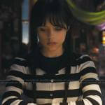 Wednesday’s striped cardigan with bow on Wednesday