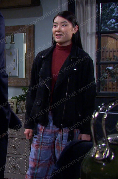 Wendy’s black moto jacket and purple plaid pants on Days of our Lives