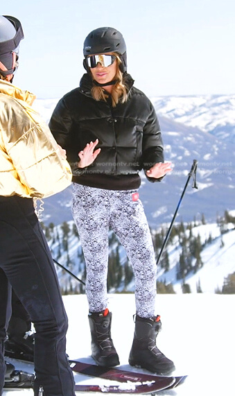 Whitney’s black puffer jacket and printed ski pants on The Real Housewives of Salt Lake City