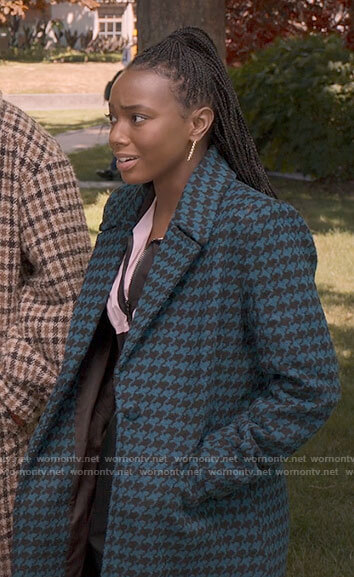 Whitney’s long blue houndstooth coat on The Sex Lives of College Girls