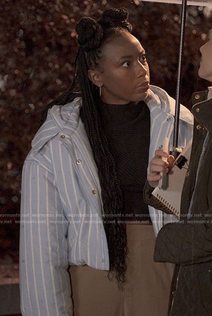 Whitney’s blue striped cropped puffer jacket on The Sex Lives of College Girls
