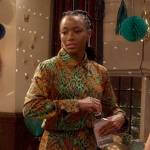 Whitney’s green leopard print dress on The Sex Lives of College Girls