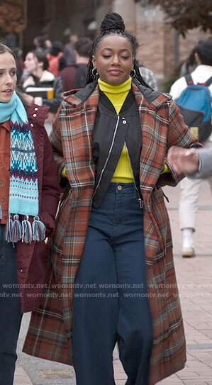 Whitney’s long plaid coat on The Sex Lives of College Girls