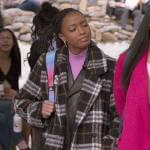 Whitney’s plaid coat with leather pockets on The Sex Lives of College Girls
