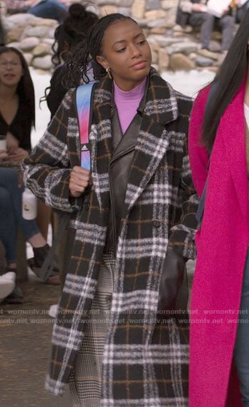 Whitney’s plaid coat with leather pockets on The Sex Lives of College Girls