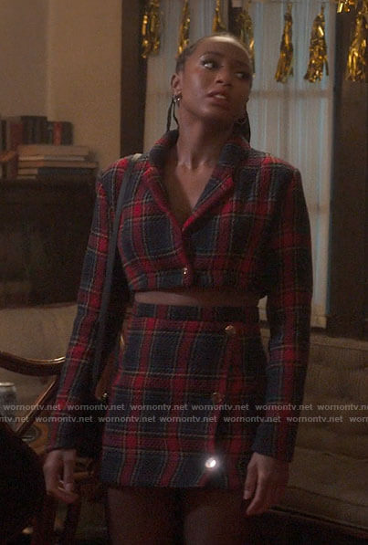 Whitney’s plaid crop jacket and skirt set on The Sex Lives of College Girls