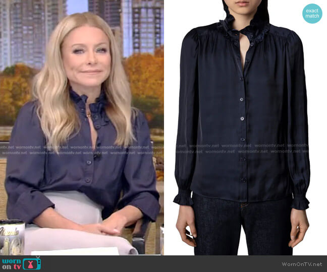 Zadig & Voltaire Tacca Satin Ruffle Button-Up Blouse worn by Kelly Ripa on Live with Kelly and Mark