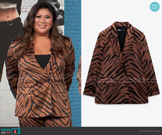Zara Animal Print Blazer worn by Jennifer Chan on Access Hollywood