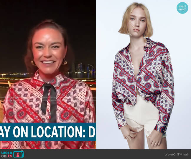 Zara Patchwork Print Satin Shirt worn by Lindsay Myers on Access Hollywood
