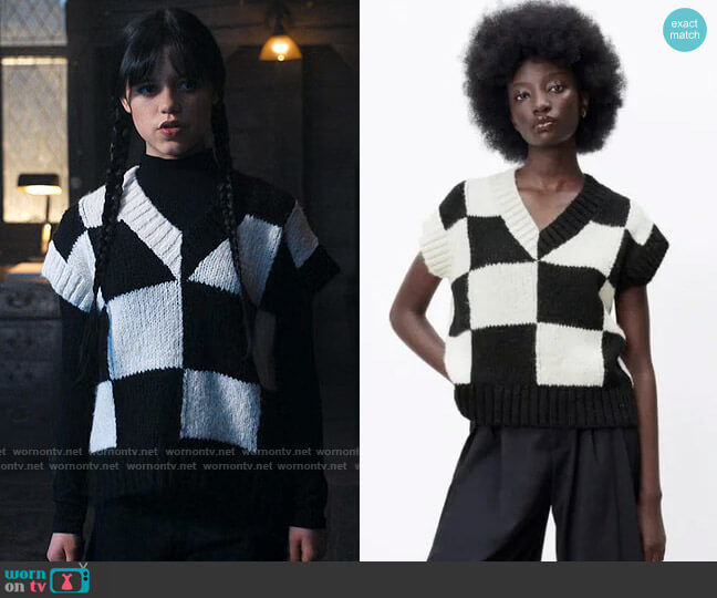 Zara Plaid Knit Vest worn by Wednesday Addams (Jenna Ortega) on Wednesday