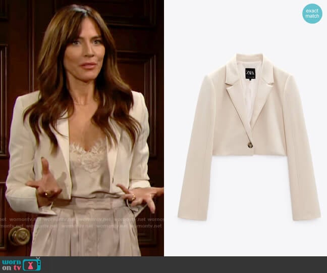 Zara Cropped Blazer in Bone worn by Taylor Hayes (Krista Allen) on The Bold and the Beautiful