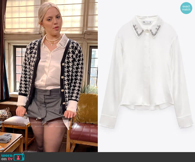Zara Jewel Trim Satin Effect Shirt worn by Leighton Murray (Reneé Rapp) on The Sex Lives of College Girls