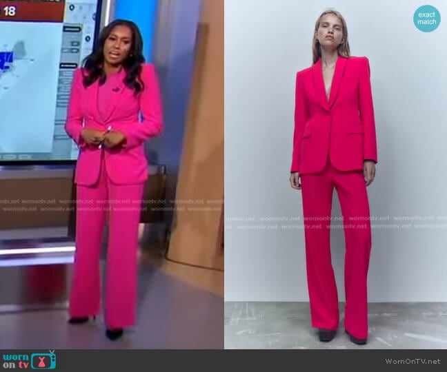 Zara Blazer with Tuxedo Collar in NEON FUCHSIA worn by Rachel Scott on Good Morning America