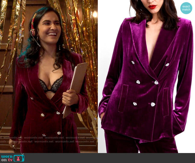 Zara Velvet Blazer and Pants worn by Bela Malhotra (Amrit Kaur) on The Sex Lives of College Girls